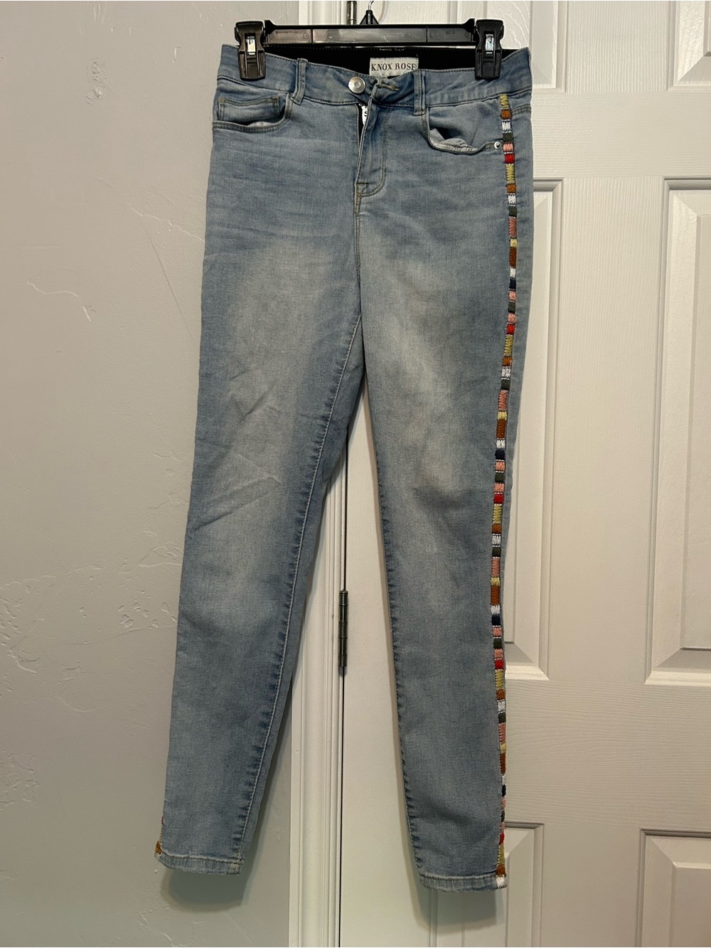 Knox Rose Light Blue Skinny Jeans with Multicolor Beaded Side Stripe